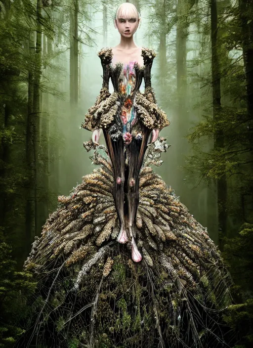 Prompt: a beautiful hyperrealistic ultradetailed 3D, one girl in a magnificent McQueen couture clothes on the background of a futuristic forest, very coherent symmetrical artwork, perfect face, Designer clothes, futuristic clothes, clothes from the future, biopunk, voge photo, fashion style, fullbody, in full growth, photorealistic, high resolution, trending on artstation, highly detailed, volumetric lighting, elegant, details, good clear quality, volumetric lighting, Tree roots, portrait, moss