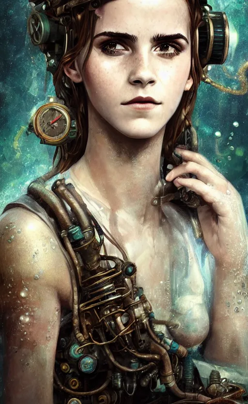 Image similar to underwater steampunk biopunk portrait of emma watson, au naturel, hyper detailed, digital art, trending in artstation, cinematic lighting, studio quality, smooth render, unreal engine 5 rendered, octane rendered, art style by klimt and nixeu and ian sprigger and wlop and krenz cushart.