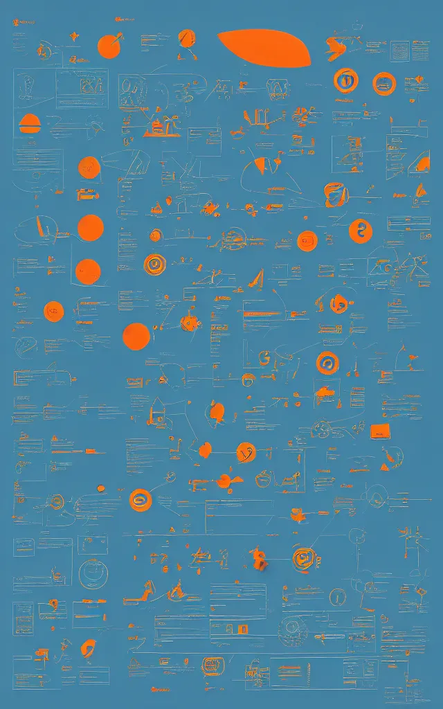 Prompt: bondi blue blue alien glyphs hierarchical outline diagram, orange overlay, user interface for movie, great composition, outstanding information design and data visualization, concept art, cinematic, trending on artstation, 4 k