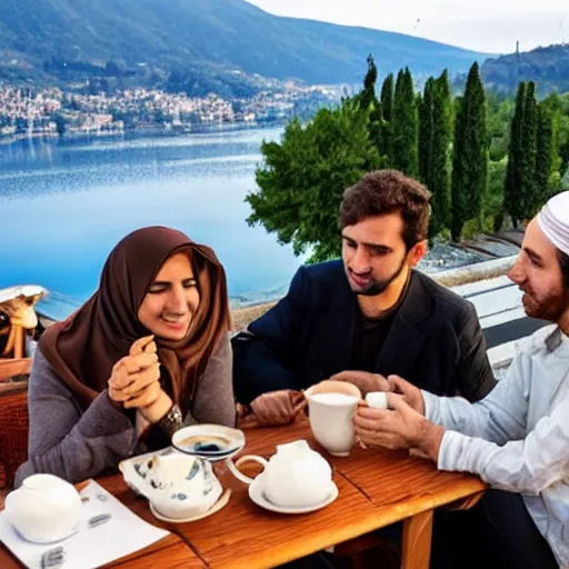 Image similar to a christian, a jew and a muslim drinking tea on a cafe terrace in italy with lake view, peaceful, ultra realistic, award winning,