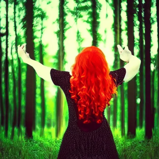 Image similar to “glitchcore album cover red head singer girl standing in a forest”