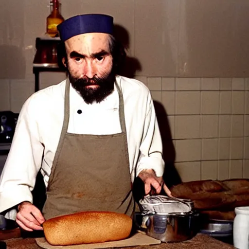 Image similar to charles manson baking a loaf of bread wearing a chef hat