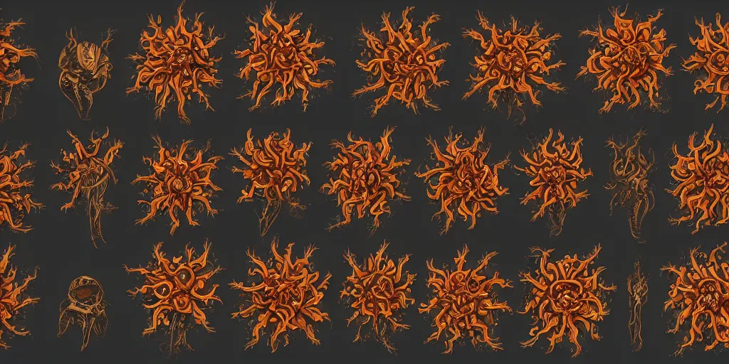 Image similar to reference sheet of unique lovecraftian flower on black background, in gouache detailed paintings, props, stylized, 2 d sprites, kitbash, 8 k, close up