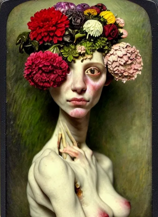 Image similar to beautiful and detailed rotten woman made of plants and many types of stylized flowers like carnation, chrysanthemum, roses and tulips, intricate, surreal, vladimir volegov, john constable, guy denning, gustave courbet, caravaggio, romero ressendi, 1 9 1 0 polaroid photo