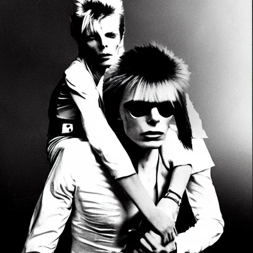 Image similar to david bowie getting a piggy back ride from ziggy stardust