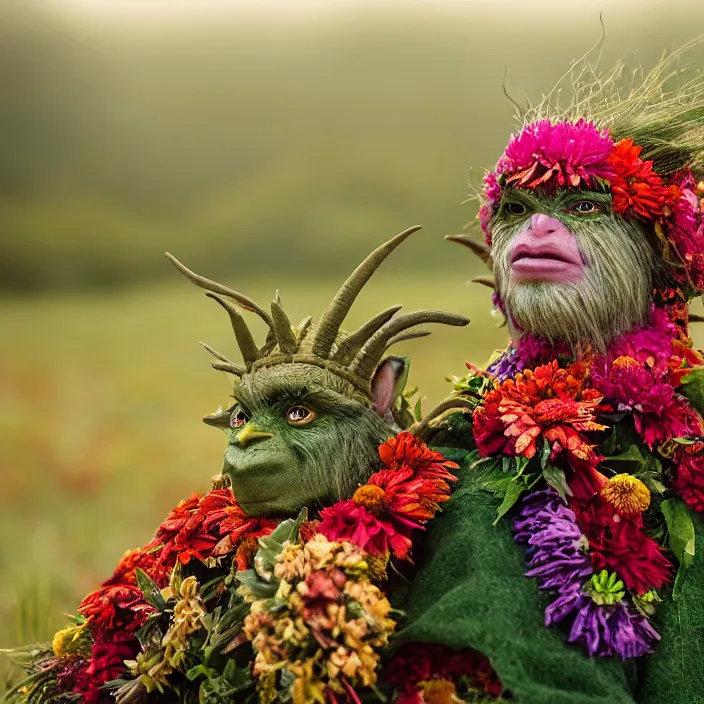 Image similar to closeup portrait of a green-horned goblin wearing a hooded cloak made of zinnias and rainbows, in an empty field, by Annie Leibovitz and Steve McCurry, natural light, detailed face, CANON Eos C300, ƒ1.8, 35mm, 8K, medium-format print