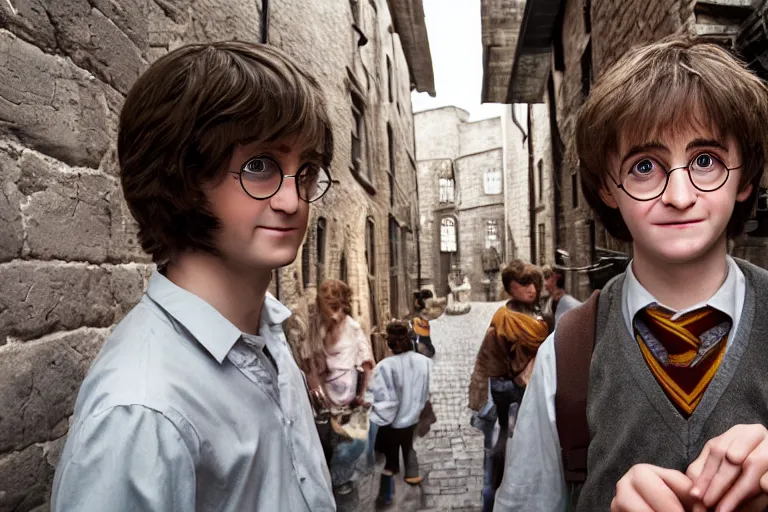 Image similar to closeup portrait Harry Potter in a diagon alley, by Steve McCurry and David Lazar, natural light, detailed face, CANON Eos C300, ƒ1.8, 35mm, 8K, medium-format print