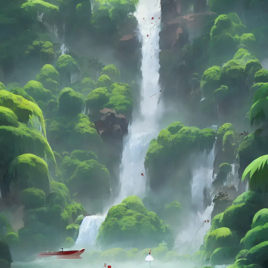 Prompt: Goro Fujita illustrating Front view of a gigantic waterfall surrounded by the Amazon, there are no animals or people, only vegetation, concept art, sharp focus, highly detailed, ArtStation