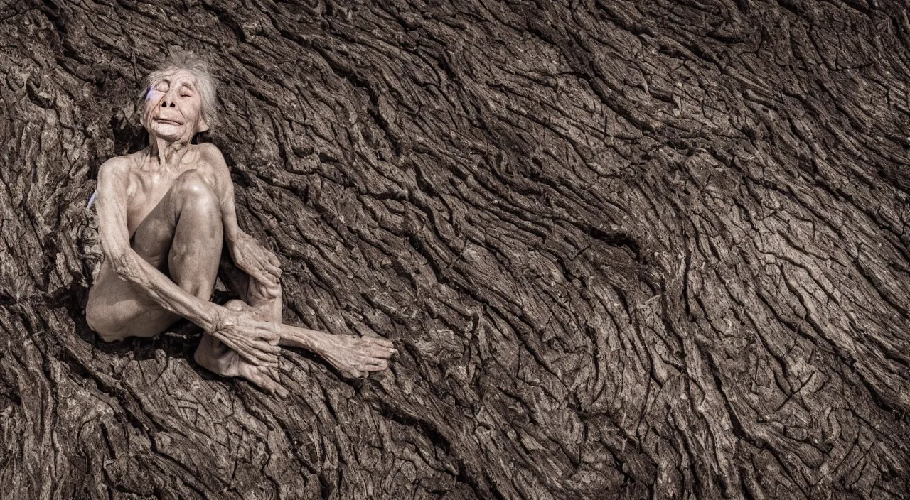 Prompt: medium shot of a 65-year-old Gaia, crying one single tear, facing the camera and sitting on a dried up river in a desolate land, dead trees, blue sky, hot and sunny, highly-detailed, elegant, dramatic lighting, artstation, 4k, cinematic landscape, photograph by Elisabeth Gadd