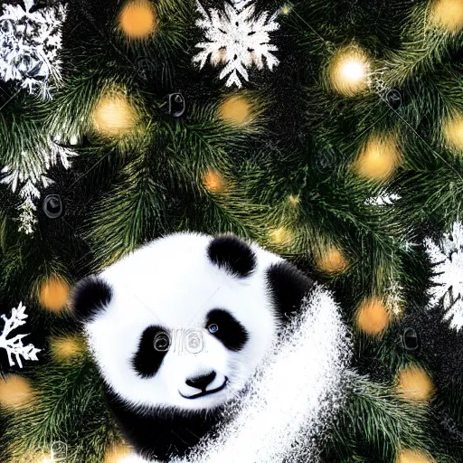 Prompt: cute fluffy white baby panda cub sitting in snowy winter christmas tree landscape with holiday lights detailed painting 4k