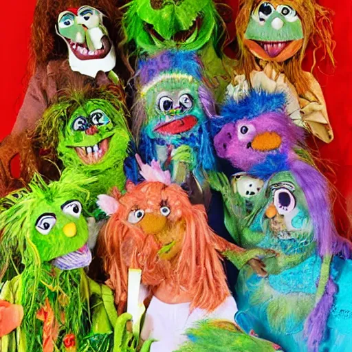 Image similar to zombie fraggle rock muppets, family photo of zombie muppets, photo from the 7 0 s