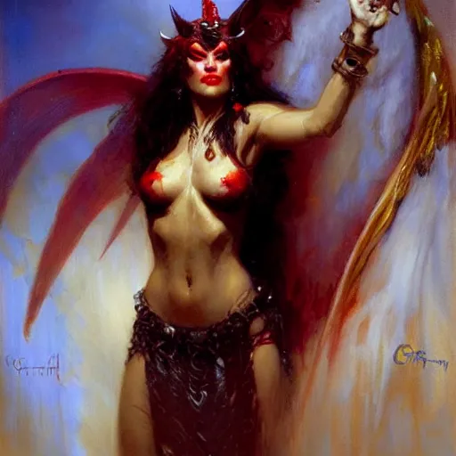 Image similar to attractive demon queen with red eyes, painting by gaston bussiere, craig mullins