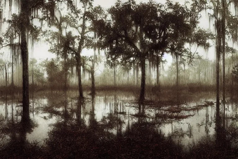 Image similar to scene from louisiana swamps, farm, big oak, pentagram, voodoo, artwork by tim eitel