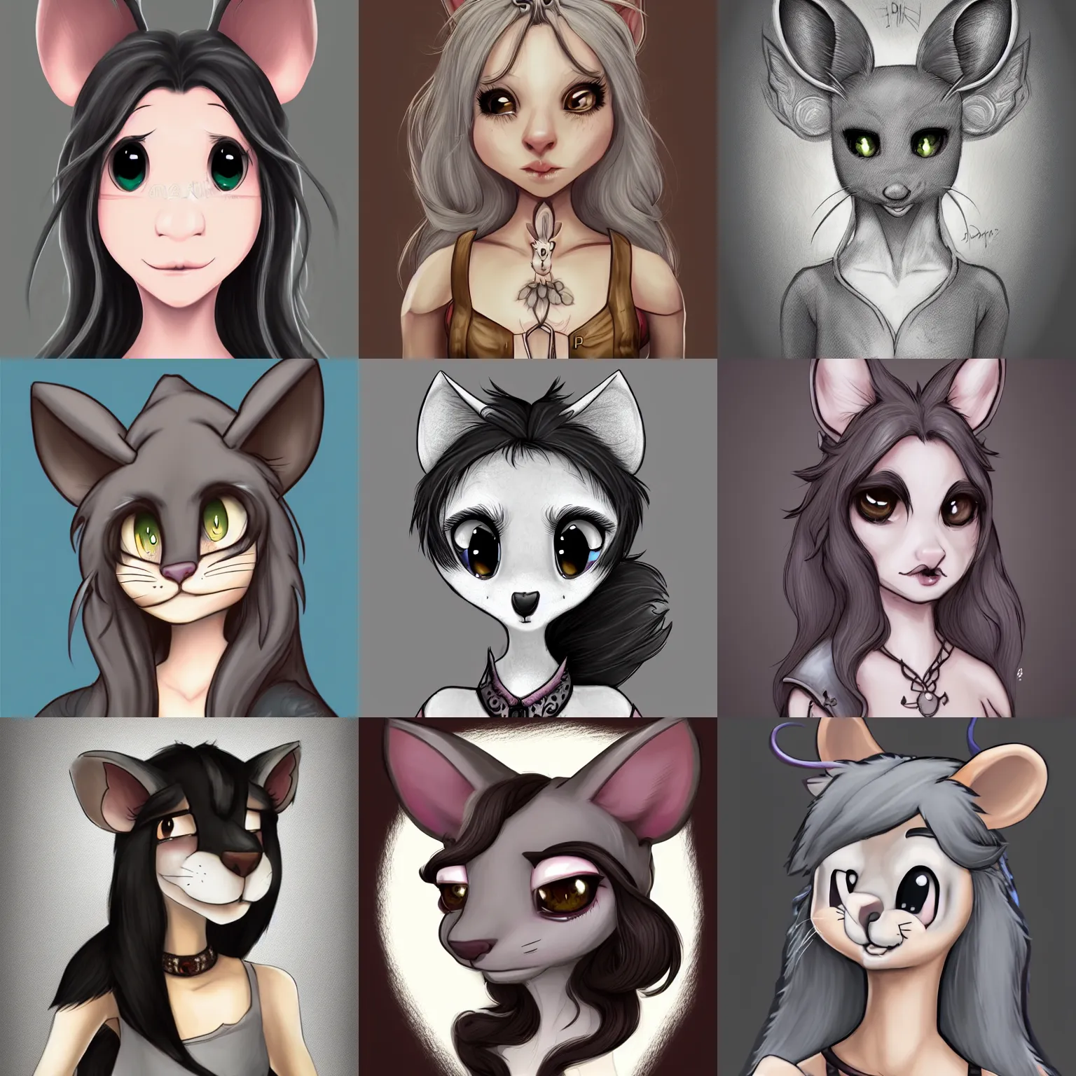 Image similar to 3/4 headshot of young female furry, D&D, cute, fantasy, intricate, long hair, grey skin, mouse face, mouse nose, mouse head, mouse ears, black hair, elegant, highly detailed, cartoony, artstation, concept art, smooth, sharp focus, illustration, art by Diives