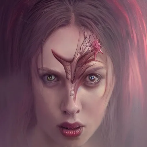 Image similar to dark fantasy character portrait of Peppa Pig, dramatic, unsettling, intricate, wild, highly detailed, digital painting, artstation, upper body, concept art, smooth, sharp focus, illustration, art by artgerm and greg rutkowski and alphonse mucha