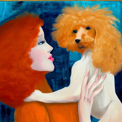 Image similar to an abstract painting of a beautiful pale woman with orange hair holding both a curly headed baby boy and also a brown poodle