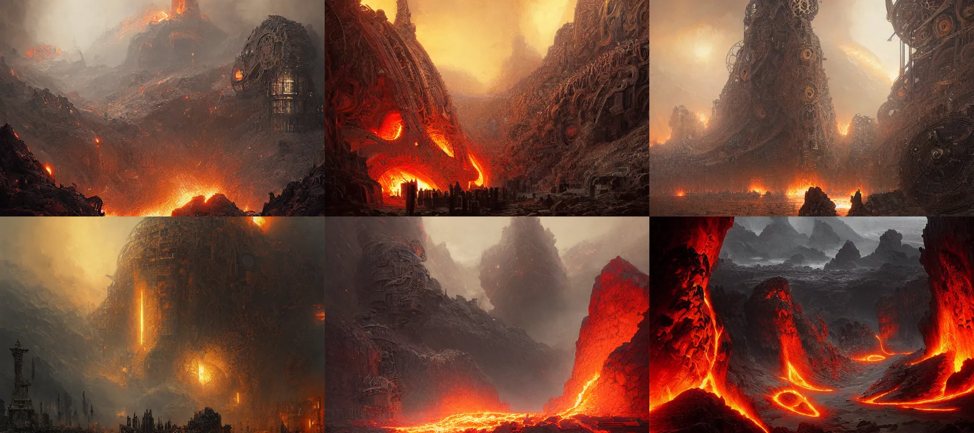 Prompt: The Land of Heat and Clockwork (LOHAC), with lava and huge gears featured prominently, hyperdetailed artstance cgsociety by Greg Rutkowski and Gustave Dore