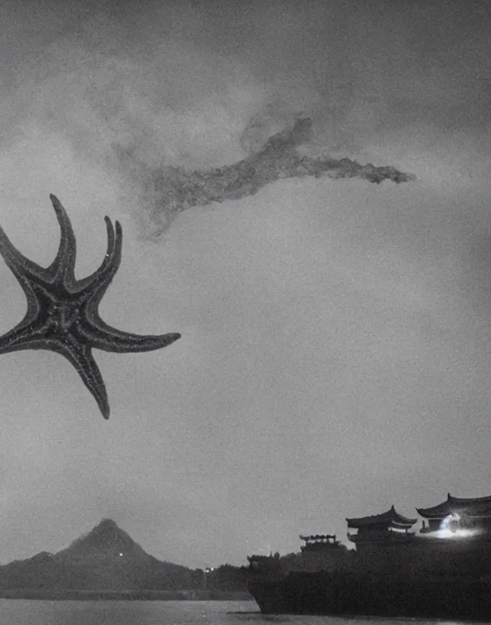 Image similar to a filmstill of a north korean monster movie, kaiju - eiga monster starfish - like trampling a traditional korean palace, foggy, film noir, video compression