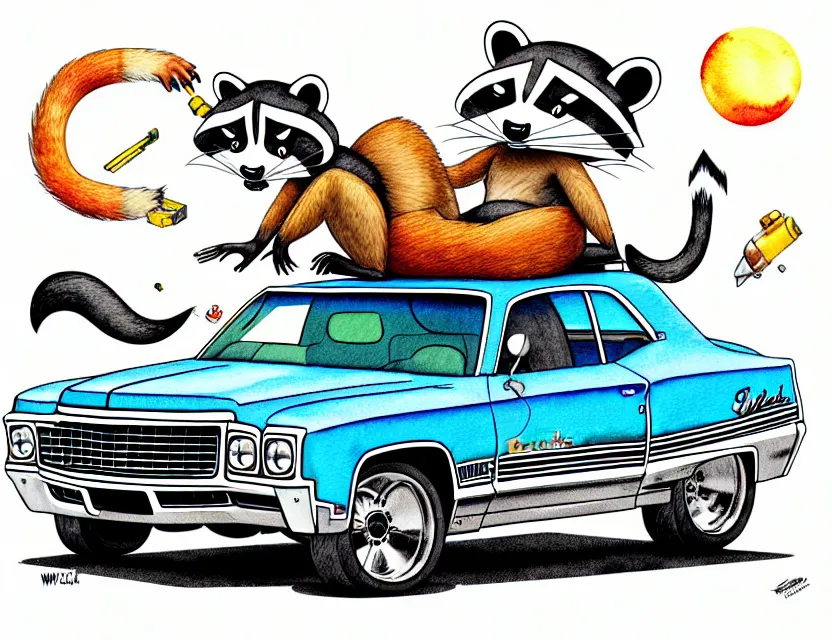 Image similar to cute and funny, racoon riding in a 1 9 6 9 chevrolet impala with oversized engine, ratfink style by ed roth, centered award winning watercolor pen illustration, isometric illustration by chihiro iwasaki, edited by range murata, tiny details by artgerm and watercolor girl, symmetrically isometrically centered