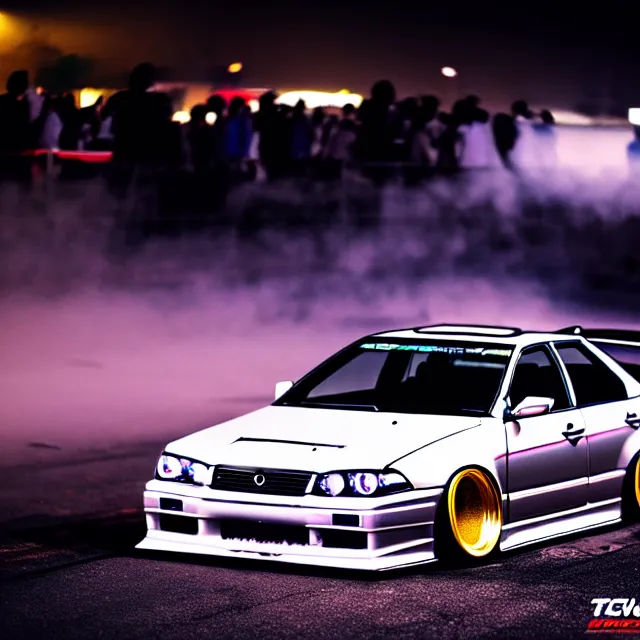 Image similar to a car JZX90 twin turbo drift at illegal car meet, Tochigi prefecture, city midnight mist lights, cinematic lighting, photorealistic, highly detailed wheels, high detail