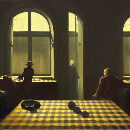 Image similar to covert shadow figures of men in a dark room with a chequered floor conversing around a table in secrecy, moody and atmospheric, dramatic scene, dimly lit room, cgsociety, 8k resolution, trending on artstation, octane render by Quint Buchholz, Pieter Claesz and edward hopper