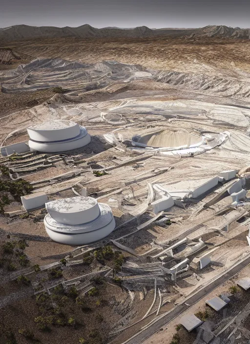 Image similar to bioremediation white architecture high tech, in the mining tailings of chuquicamata, epic, cinematic, hyperealistic, high detailed, corona render, hdr, ray tracing