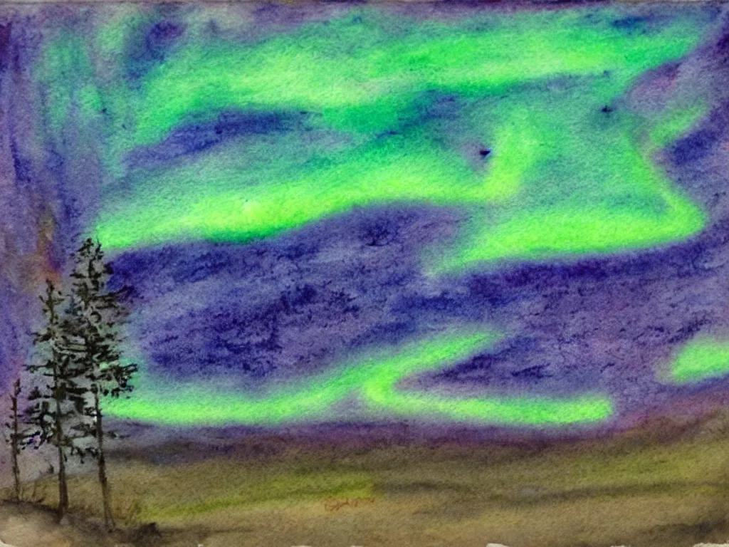 Prompt: northern lights, epic lighting, establishing shot, watercolor