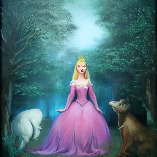 Image similar to A beautiful street art of Princess Aurora singing in the woods while surrounded by animals. She looks so peaceful and content in the company of the animals, and the colors are simply gorgeous. flash photography by Brian Mashburn, by Arnold Böcklin