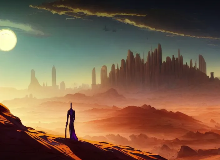 Image similar to science fiction pc game point - and - click adventure, daedalic entertainment, desert with city in the skyline, two suns, purple orange colors, sharp focus, illustration, highly detailed, digital painting, concept art, matte, art by wlop and artgerm and greg rutkowski and alphonse mucha, masterpiece