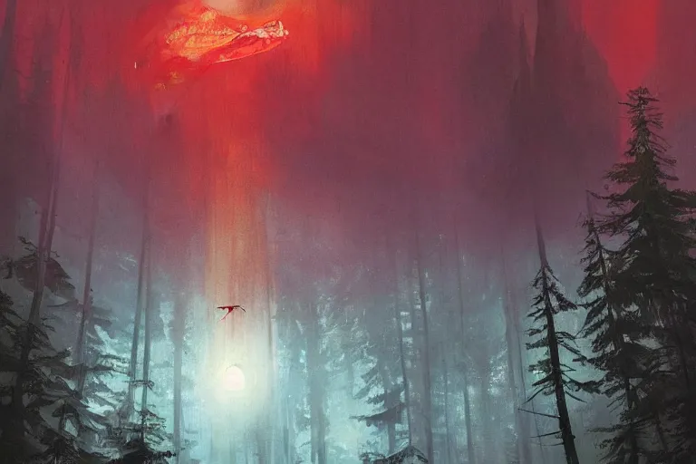 Image similar to huge red giant japanese fishes are flying along the tall trees of a deep Bavarian forest at night. Looking up view, dramatic perspective.misty, mood. y art by Akihiko Yoshida and Greg Rutkowski and Craig Mullins and Alphonse Mucha and Moebious and Roger Deakins