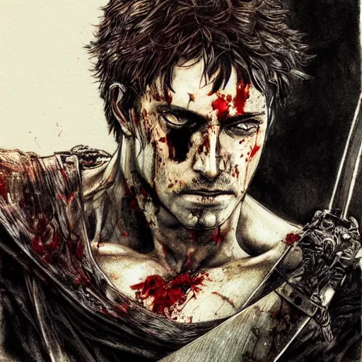 Image similar to self portrait, roman man with battle scar on his chest holding his sword on his shoulder by yoji shinkawa, pencil art, detailed, handsome, colored, bloody