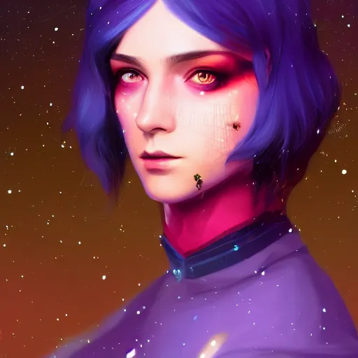 Image similar to a nonbinary changeling wearing a starry cloak, aurora colored hair, starry eyes, curious expression, character art, trending on artstation, artgerm, 4k ultra hd, sharp focus, digital art by Ilya Kuvshinov and Ross Tran,