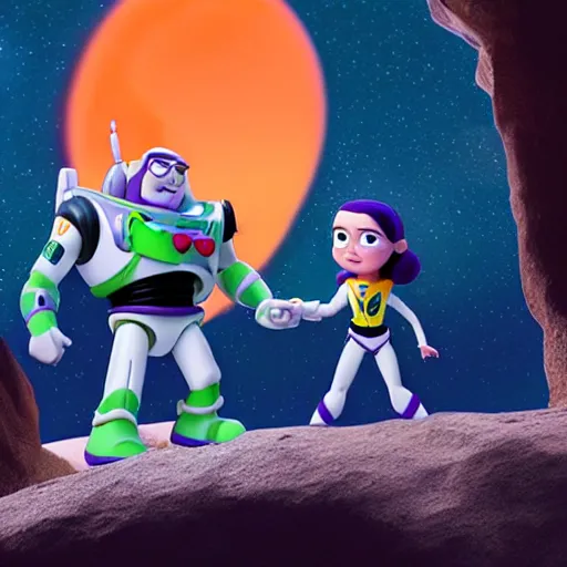 Prompt: buzz lightyear and rey skywalker holding hands