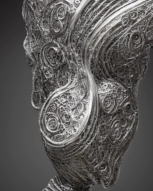 Image similar to studio shot of an intricate silver twisting statue, intricate mathematical shape, professional, textured silver, scratched metal, well lit professional photo, chromatic, HD photography, 4k