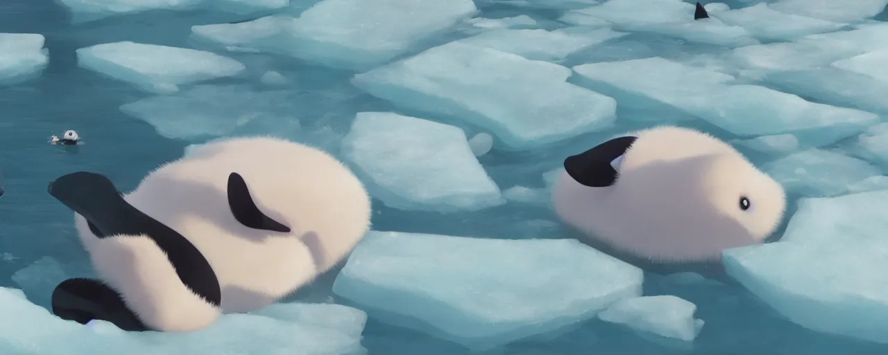 Image similar to a baby harp seal lying on ice looking worried, orcas in the water, atey ghailan, goro fujita, studio ghibli, rim light, ominous lighting, clear focus, very coherent,