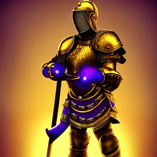 Image similar to a highly detailed knight with glowing purple eyes in a T golden helmet and a golden crown with a blue diamond in the center, golden armor, leather clothes under the armor, leather gloves, holds a black sword, artstation, DeviantArt, professional, octane render, sunset lighting