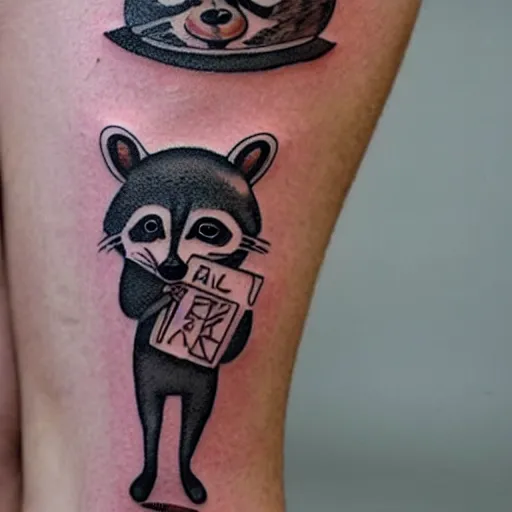 Image similar to tattoo of a raccoon landlord evicting a crying tenant