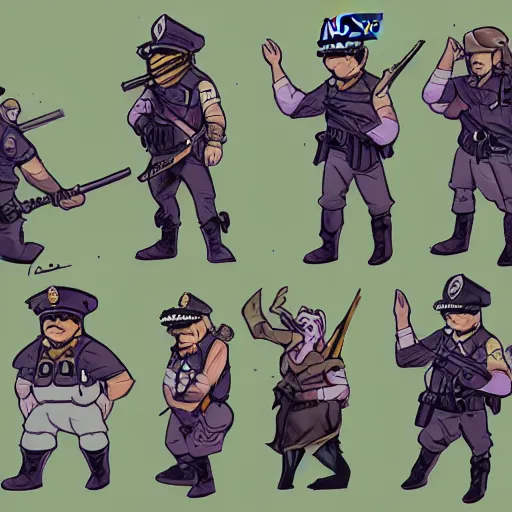 Image similar to police kill police, cartoon, rpg character, humblewood art style, concept art, fantasy