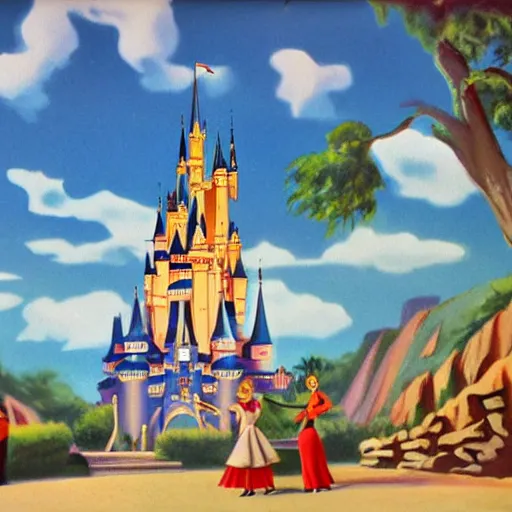 Prompt: classic 1950s disney movie background painting