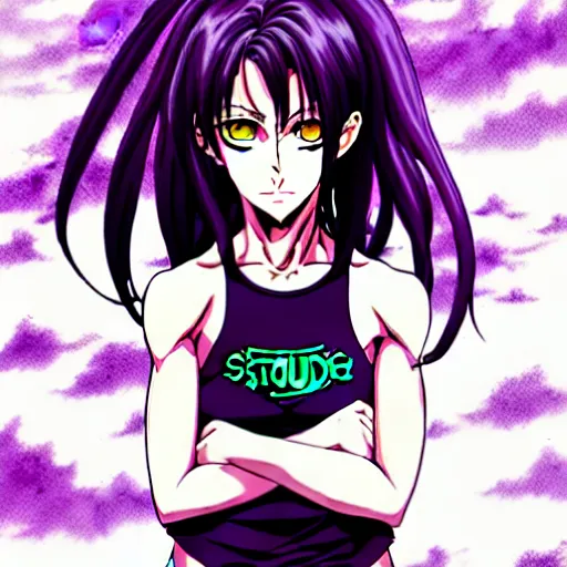 Image similar to style of madhouse studio anime, black lagoon manga, loish, artgerm, comic art, portrait of revy from black lagoon, symmetrical eyes and symmetrical face, jean shorts, white tank top, purple hair, sarcastic evil smirk on face, sky and ocean background