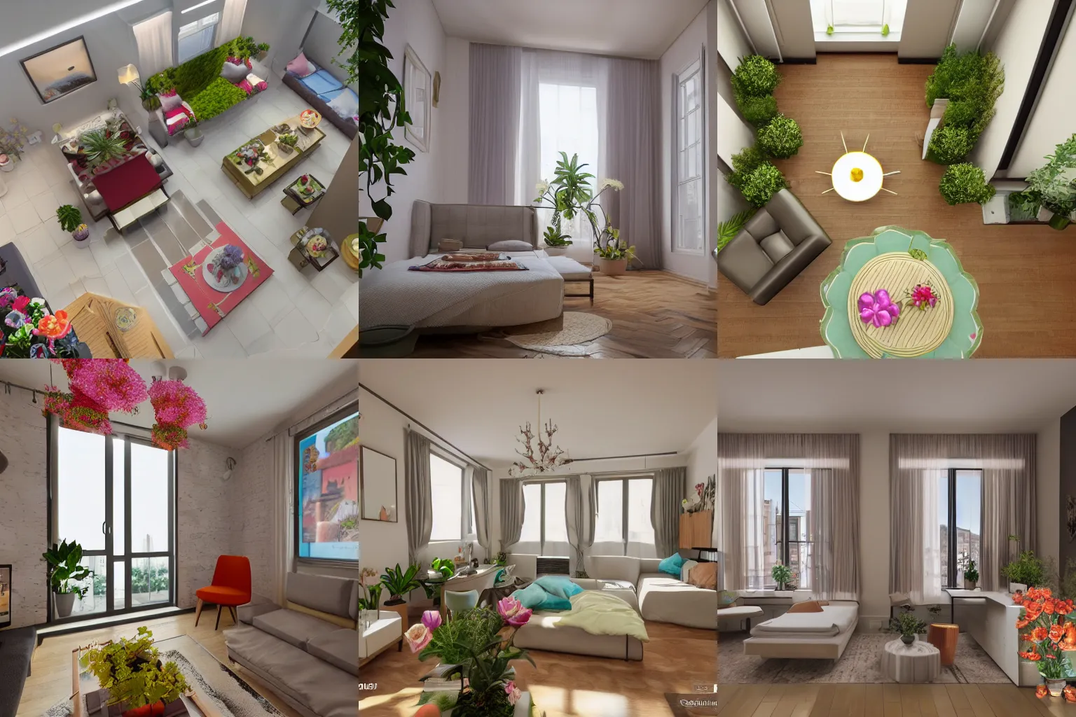 Prompt: apartment flat with 4 rooms decorated with flowers, top-down view, render, unreal engine