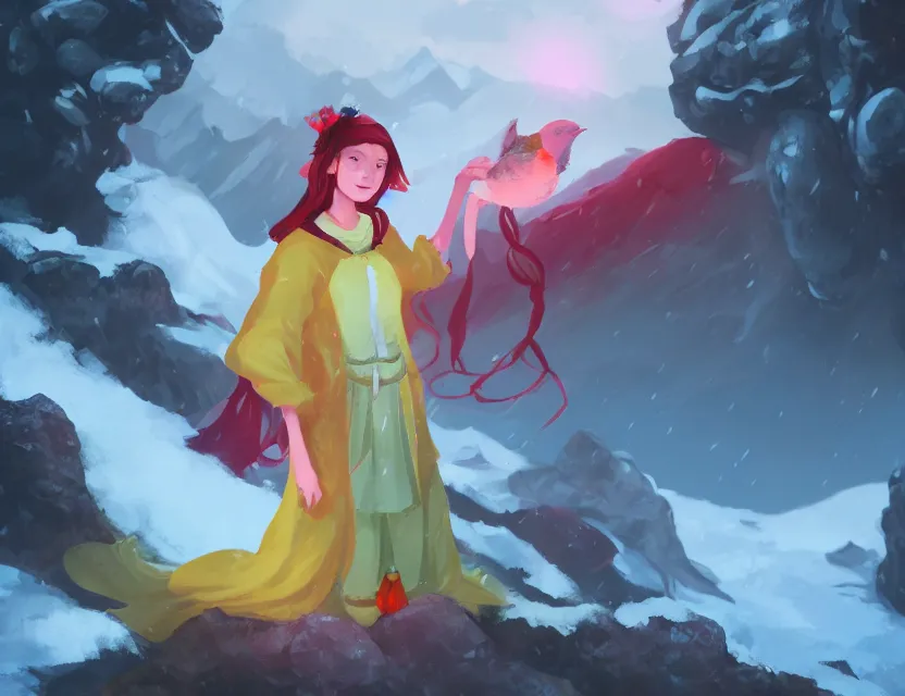 Prompt: bird alchemist girl in the flowering snowy mountains. complementary colors, indie concept art, luminescent, 4 k, chiaroscuro, backlighting.