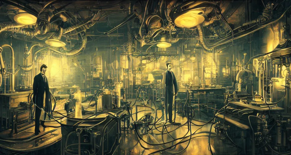 Prompt: nikolai tesla in his lab, electrical arcs, neon glow, highly detailed, digital art, intricate, dramatic lighting, steampunk, neon colors, cinematic, art by artgerm, greg rutkowski, syd mead