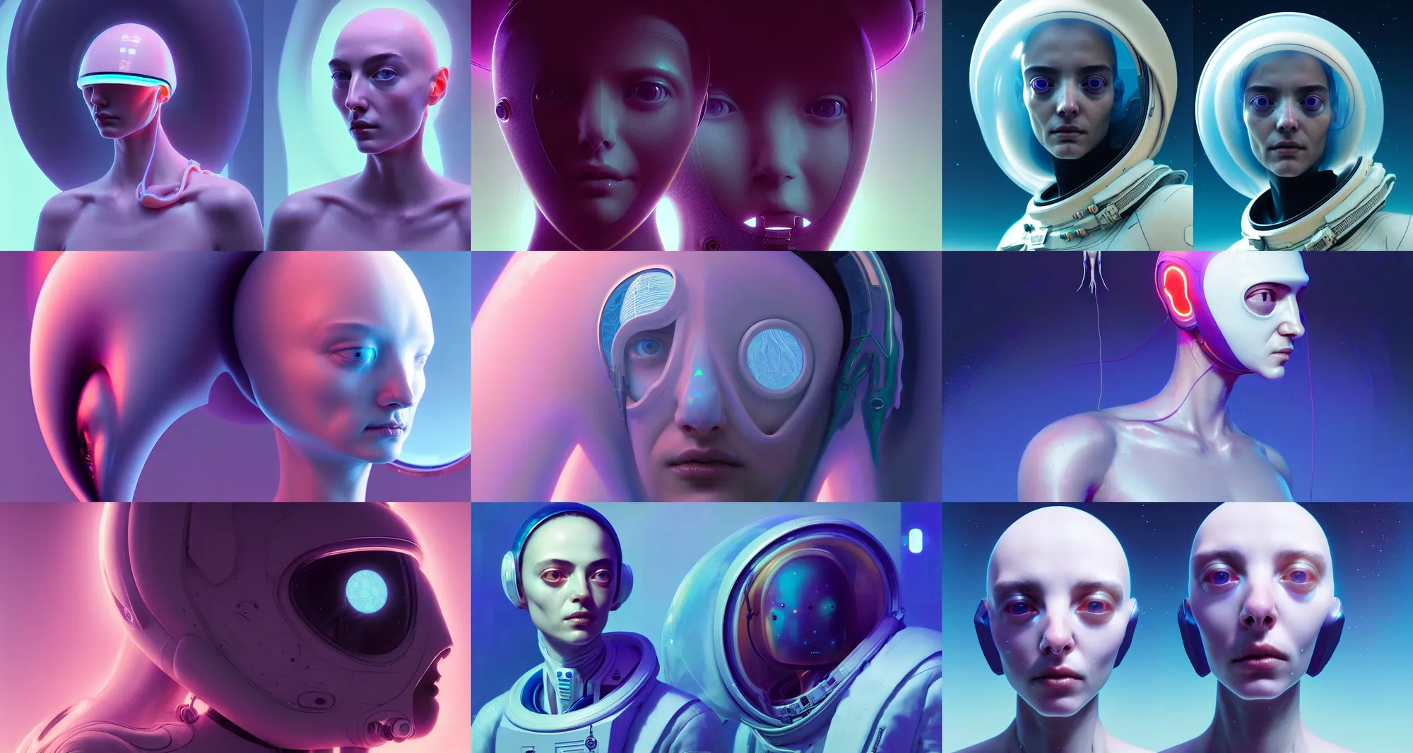 Prompt: portrait a venus squid astronaut, intricate design details. cyberpunk symmetrical facial, yael shelbia, by ruan jia and beeple. smooth gradients, deep space. close up