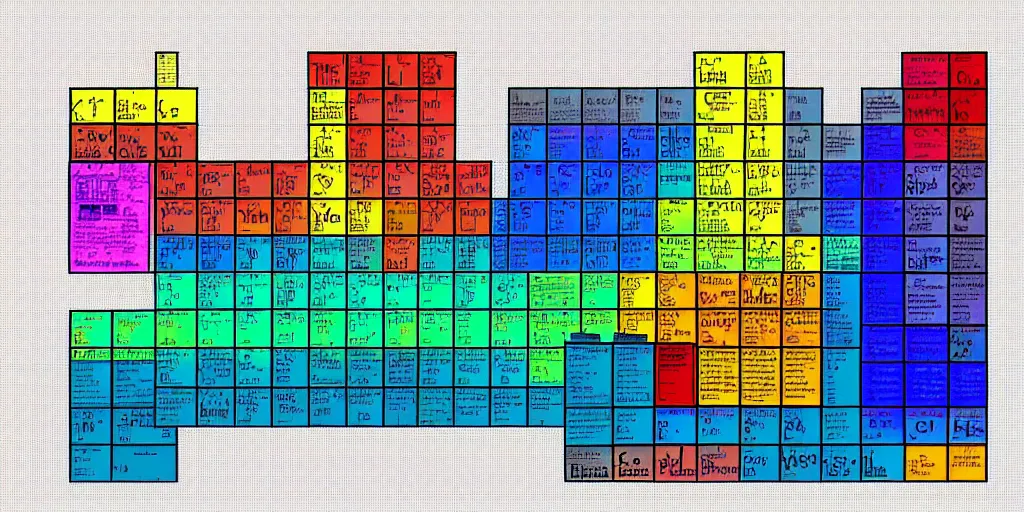 Prompt: periodic table of pixels, ink and watercolor, pixelated, no text