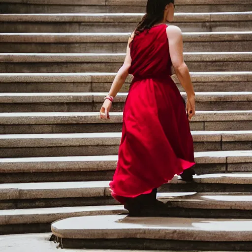 Image similar to a girl in a red dress walking up stairs
