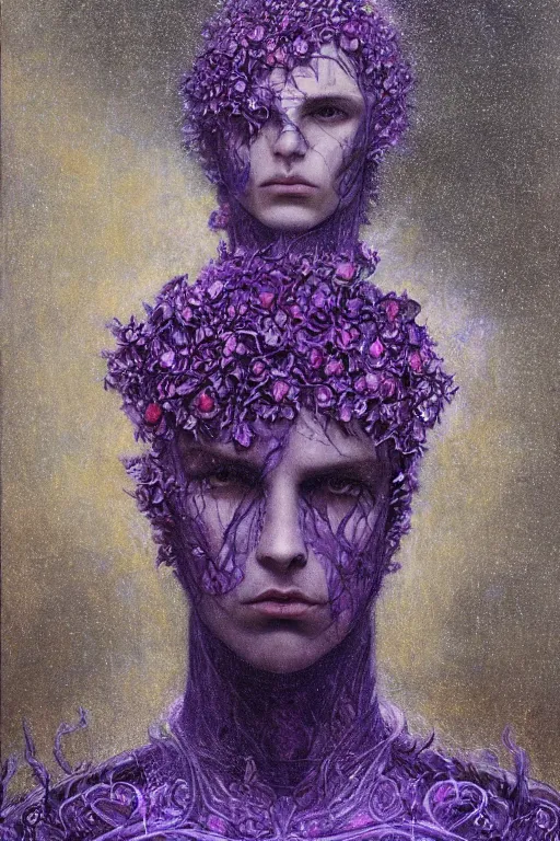 Image similar to portrait of beautiful gothic and futuristic young man, more thunderstorm, cyber armor, a lot of scars, more and more flowers, purple head, the middle ages, highly detailed, artstation, illustration, art by jean delville, 8 k quality, art by greg gandy and gustav klimt
