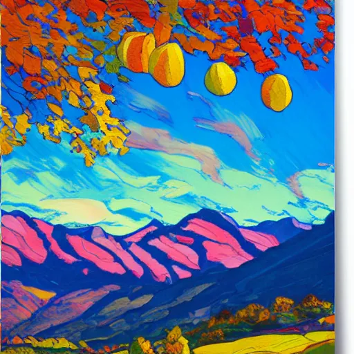 Prompt: autumnal scottish valley view with snowy mountains in the background and piercing blue sky with citrus clouds by erin hanson and tyler edlin