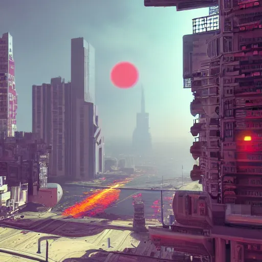 Image similar to SPACE INVADERS game as a city, bustling, rockets, atmospheric, hazy, sweltering, highly detailed, autochrome, 8k, reflections, octane render, unreal engine 5, art by Cézanne