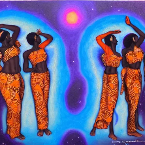 Image similar to african women dancing around a blue glowing portal to another dimension by amanda sage, oil on canvas, trending on artstation